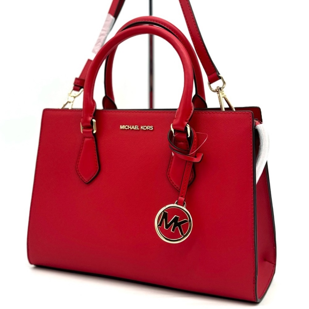 Michael Kors Sheila Medium Signature CZ Logo Satchel Crossbody Bag Bright Red - Picture 2 of 12